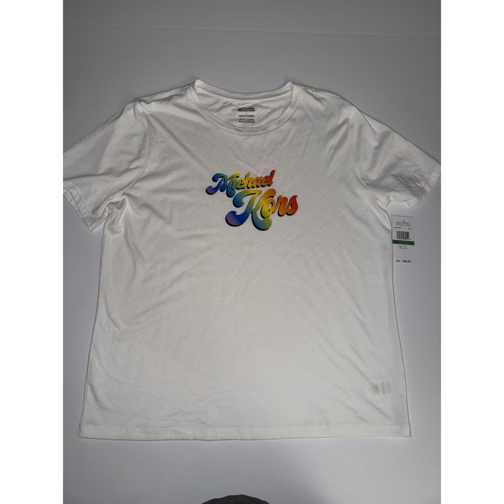 Michael Kors Women Large T-Shirt Rainbow White Cotton Modal Pride LGBT Tee NWT